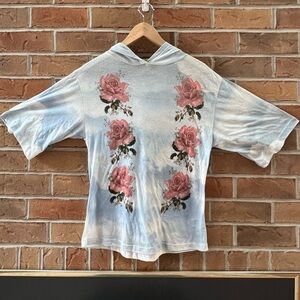 Wildfox Light Blue Cloud Print Half Sleeve Hoodie with Pink Rose Design